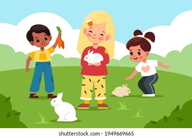 Zoológico de Petting. Los niños cuidan a los conejos en el claro verde, los niños juegan y contactan con pequeños animales al aire libre, los niños y las niñas alimentan las harinas con zanahorias, paisaje de verano. Concepto de dibujos animados