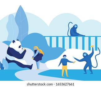 Petting Zoo with Cute Wild Animals for Children. Girl and Boy Cartoon Characters Feeding Monkeys and Panda. Kids Interacting with Wildlife Inhabitants. Natural Park Flat Scene. Vector Illustration