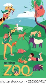 Petting Zoo Flat Background With Outdoor Landscape And Wildlife Composition Of Wild Animals With Human Visitors Vector Illustration