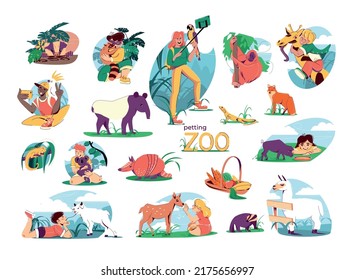 Petting Zoo Flat Set Of Isolated Compositions With Exotic Animals In Direct Contact With Human Characters Vector Illustration