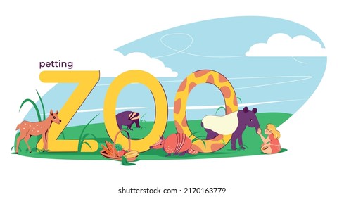 Petting Zoo Flat Text Composition With Letters And Outdoor Landscape With Wild Animals Fed By Woman Vector Illustration