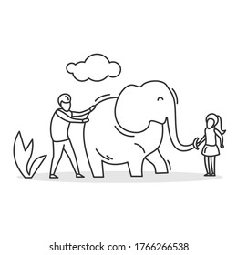 petting zoo icon. Linear pictograms of dad and daughter playing with elephant. Concept of outdoor family fun activity and kids weekend entertainment. Editable stroke vector illustration