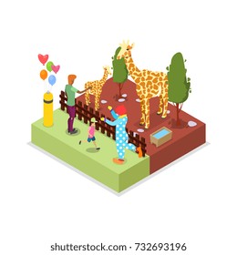 Petting zoo. Isometric animal wildlife nature park or petting zoo icon isolated on white background. Father and kid visiting zoological garden with giraffe and clown vector illustration