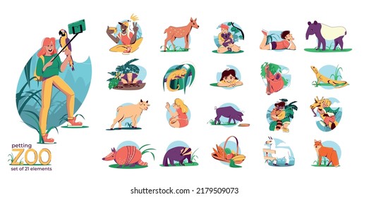 Petting Zoo Set With Flat Isolated Compositions Of Cartoon Style Tourists And Wild Animals In Habitat Vector Illustration