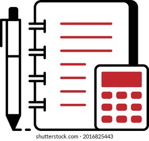 Petty Expense or Order Book Vector Icon Design, Business and Management Symbol, Banking and finance Sign, ECommerce Stock illustration, Ring Binding notebook with Pen and Calculator Concept