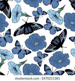 Petunia blue seamless pattern with butterflies 
