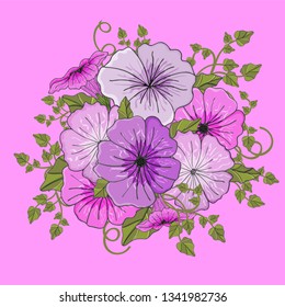 Petunia. Delicate summer flower. Greeting card, holiday background. Vector illustration of a garland of flowers.