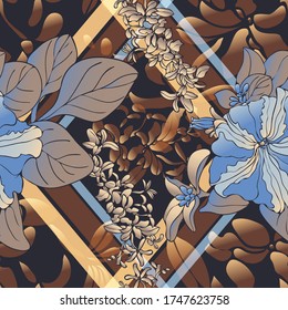 Petunia flower. Leaves. Vegetation. Seamless vector pattern with flowers, lines and geometry. Hand drawing. 