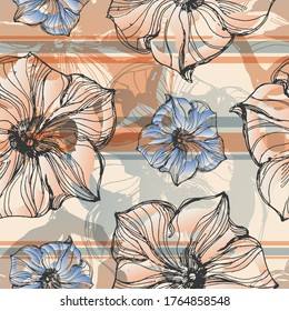 Petunia flower. Seamless vector pattern with flowers, lines and geometry. Hand drawing. Sketch.