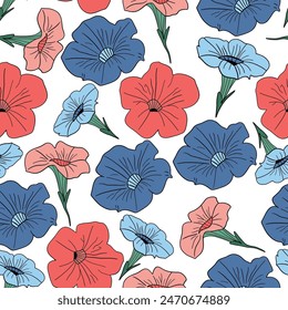 Petunia Blumen flaches Design Rot und Blau nahtlose Muster