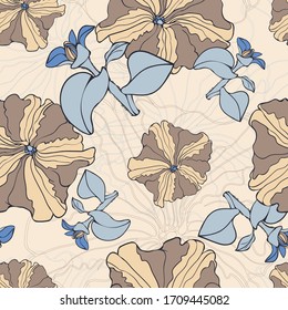 Petunia flowers. Leaves. Vegetation. Seamless vector pattern with flowers. Hand drawing.
