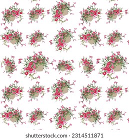 Petunia Flowers Pattern, Seamless Background, Gift Paper, Floral Illustration, Cute Flowers Bouquet With White Background