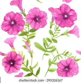 Petunia flowers pattern. seamless pattern with watercolor drawing of pink petunia flowers with leaves.
