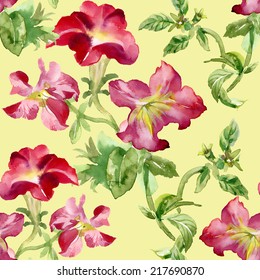 Petunia flowers seamless pattern on yellow background vector illustration