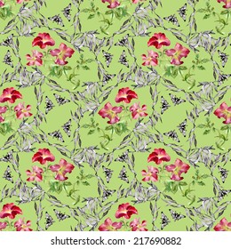 Petunia flowers seamless pattern on green background vector illustration