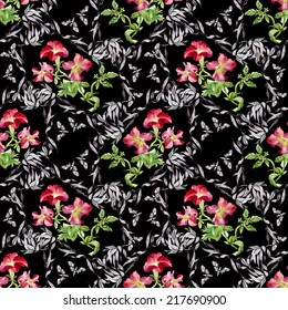 Petunia flowers seamless pattern on black background vector illustration