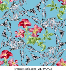 Petunia flowers seamless pattern on blue background vector illustration