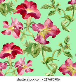 Petunia flowers seamless pattern on green background vector illustration