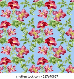 Petunia flowers seamless pattern on blue background vector illustration