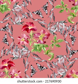 Petunia flowers seamless pattern on pink background vector illustration