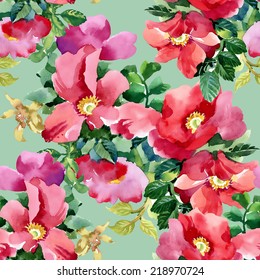 Petunia flowers seamless pattern on green background vector illustration