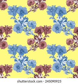 Petunia flowers seamless pattern on yellow background vector illustration