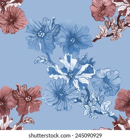 Petunia flowers seamless pattern on blue background vector illustration
