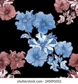 Petunia flowers seamless pattern on black background vector illustration