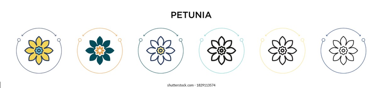 Icono de Petunia en estilo relleno, delgado, contorno y trazo. Ilustración vectorial de dos iconos de los vectores petunia de color y negro se puede utilizar para móviles, ui, web