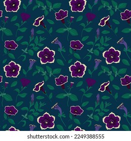 Petunia multiflora flowers and leaves vector image seamless pattern on dark background