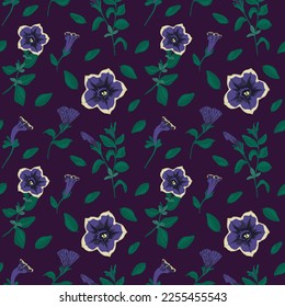 Flores multiflora de Petunia y hojas patrón de imagen vectorial en fondo violeta