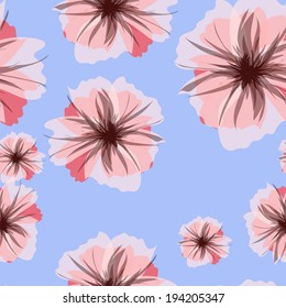 Petunia seamless pattern on blue background.  Can be used for tablecloth, scrapbook, textile design.