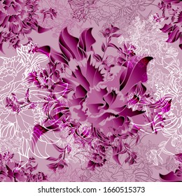 Petunias. Color vector seamless pattern of flowers.