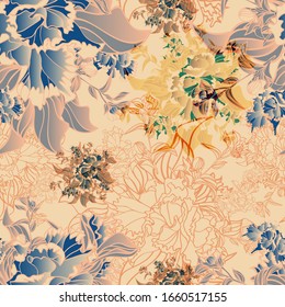 Petunias. Color vector seamless pattern of flowers.