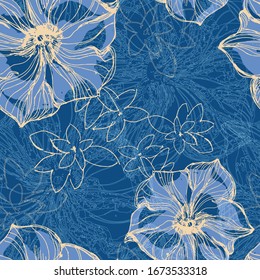 Petunias. Color vectorial patrón transparente de flores. y dibujar. Esbozo.