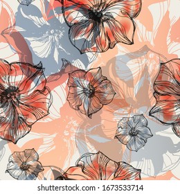Petunias. Color vector seamless pattern of flowers. and drawing. Sketch.