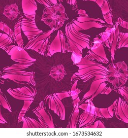 Petunias. Color vector seamless pattern of flowers. and drawing. Sketch.