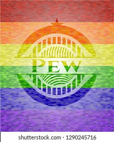 Pew emblem on mosaic background with the colors of the LGBT flag