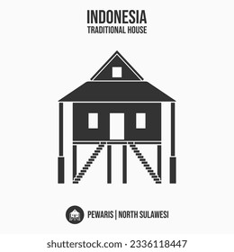 pewaris, simple eps art grey bw black white flat house home from north sulawesi utara, local area in indonesia asia. icon old ancestral cultural heritage building, different culture each region