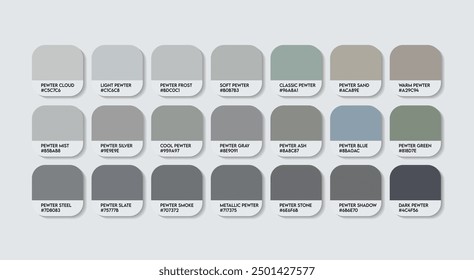 Pewter Color Palette, Pewter Gray Color Guide Palette with Color Names. Catalog Samples of Pewter colors with RGB HEX codes. cladding sheet ash colors, Fashion Trend Pewter Gray Color shade Palette