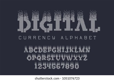 Pexel style lettering - electronic coin font. Digital currency alphabet letters set. Vector illustration