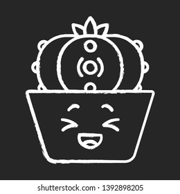 Peyote cactus chalk icon. Cactus with laughing face. Lophophora. Home cacti in pot. Mexico flora. Happy plant, squinting eyes. Succulent plant. Houseplant. Isolated vector chalkboard illustration