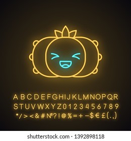 Peyote cactus cute kawaii neon light character. Cactus with laughing face. Lophophora. Happy plant. Funny emoji, emoticon. Glowing icon with alphabet, numbers, symbols. Vector isolated illustration