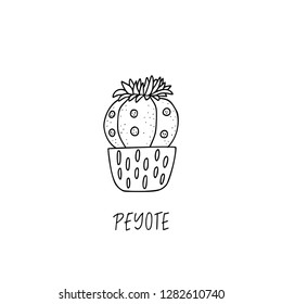 Peyote succulent plant in decorative pot in doodle style with a handwritten title. Vector illustration. Design elements for stamp, poster, stickers