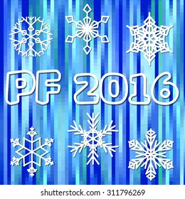 PF 2016 greeting background with white snowflakes on blue pixel designed area, eps 10 vector