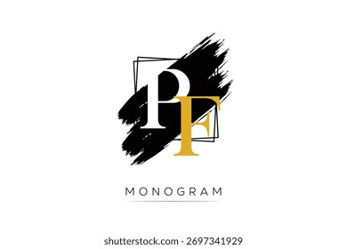 PF Creative Elegant Monogram logo Design Featuring Bold Modern Typography With a Stylish Gold Accent And Artistic Black Brush Stroke Background. This Minimal And Creative Letter Logo.