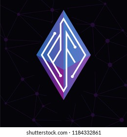 PF Initial letter block chain logo icon vector template. Looping mono line circuit letter on rhombus cube logo