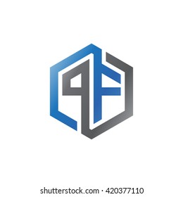 PF initial letters looping linked hexagon logo black gray blue