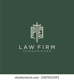 PF initial monogram for law firm with sword and shield logo image