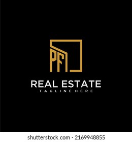 PF initial monogram logo for real estate design with creative square image